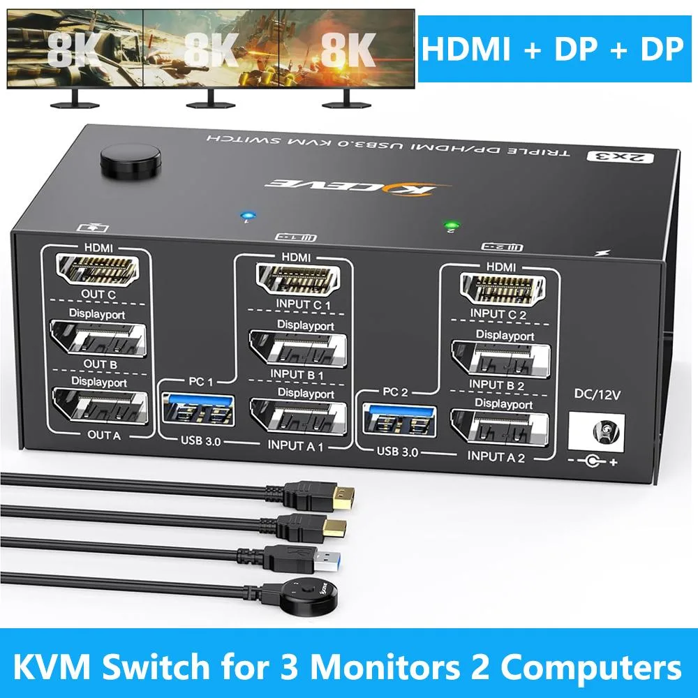 Hitoor Hitoor KVM Switch 3 Monitors 2 Computers 8K@60Hz 4K@144Hz 2DP+HDMI USB 3.0 Wired Remote — product photo