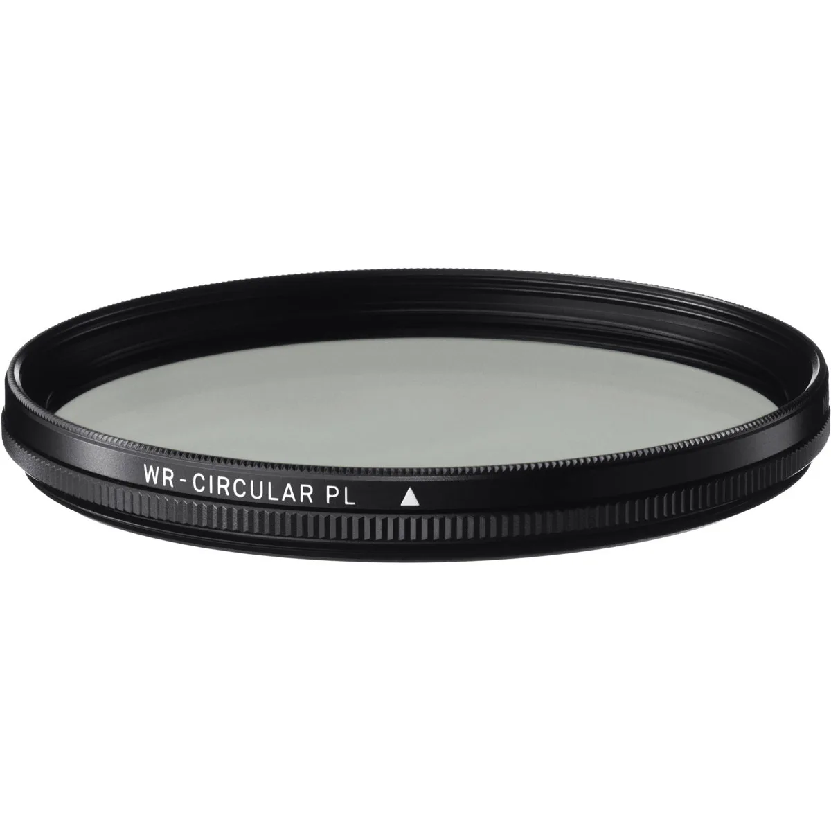 Thin black circular glass filter with silver 46mm threaded metal ring