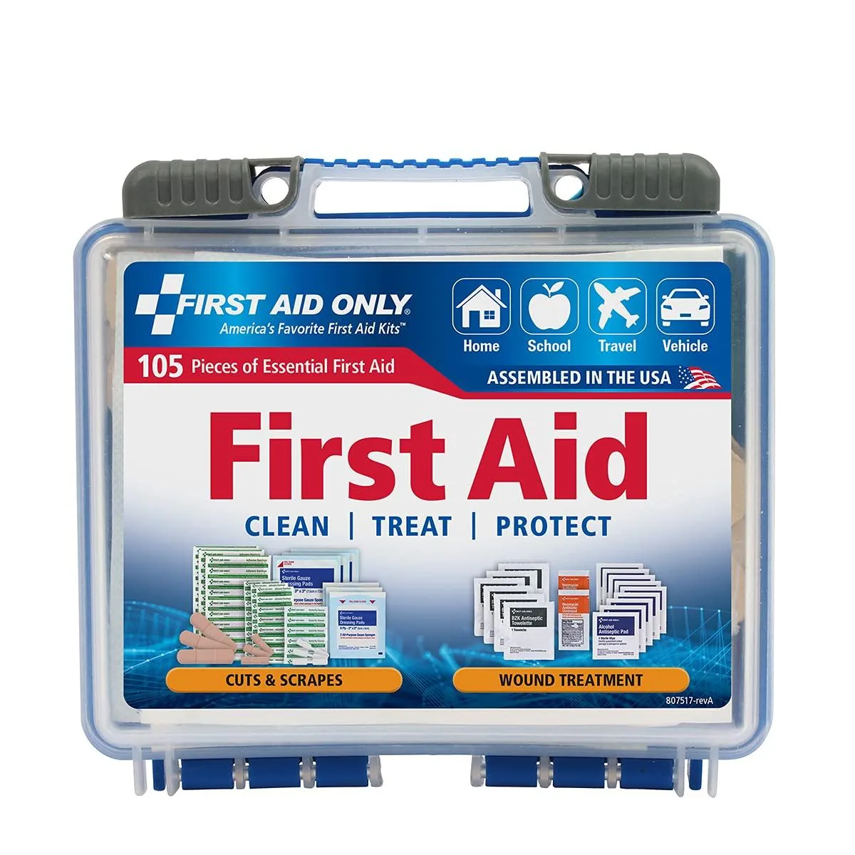 Blue plastic portable first aid kit with clear cover and slide latches