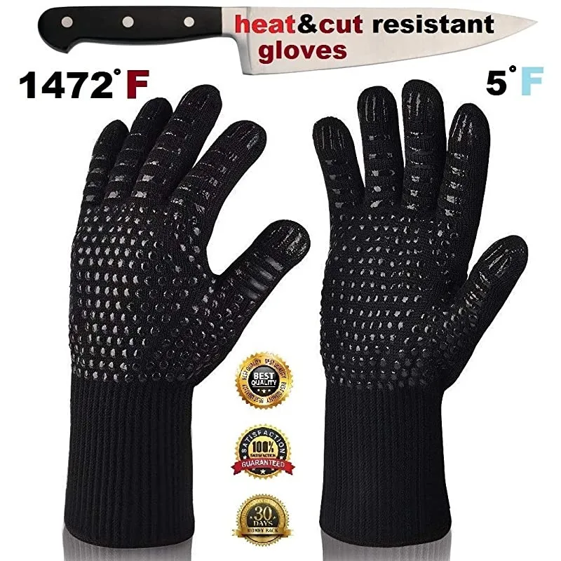 A pair of dark heat-resistant BBQ gloves with long cuffs, shown flat