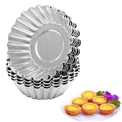 Ten stainless steel mini tart pans, silver finish, 2.76 inch top diameter, 0.79 inch deep