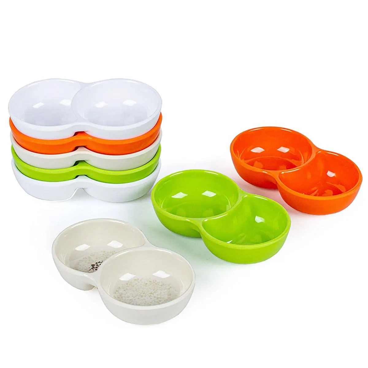 Five clear ceramic striped dishes in Art Deco style