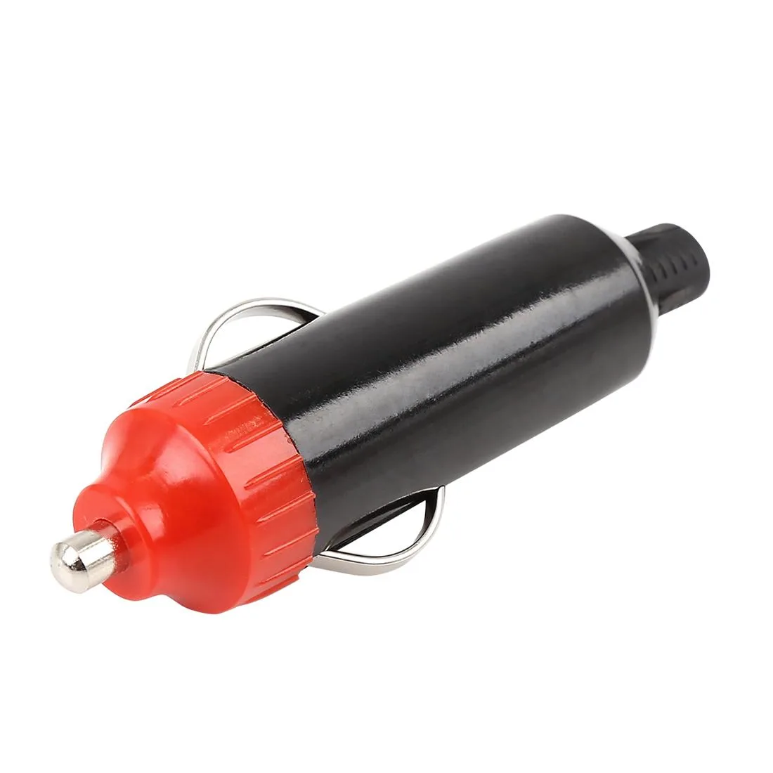 Black cylindrical cigarette lighter plug with red tip, 76.5mm long, hard plastic body, metal contacts visible