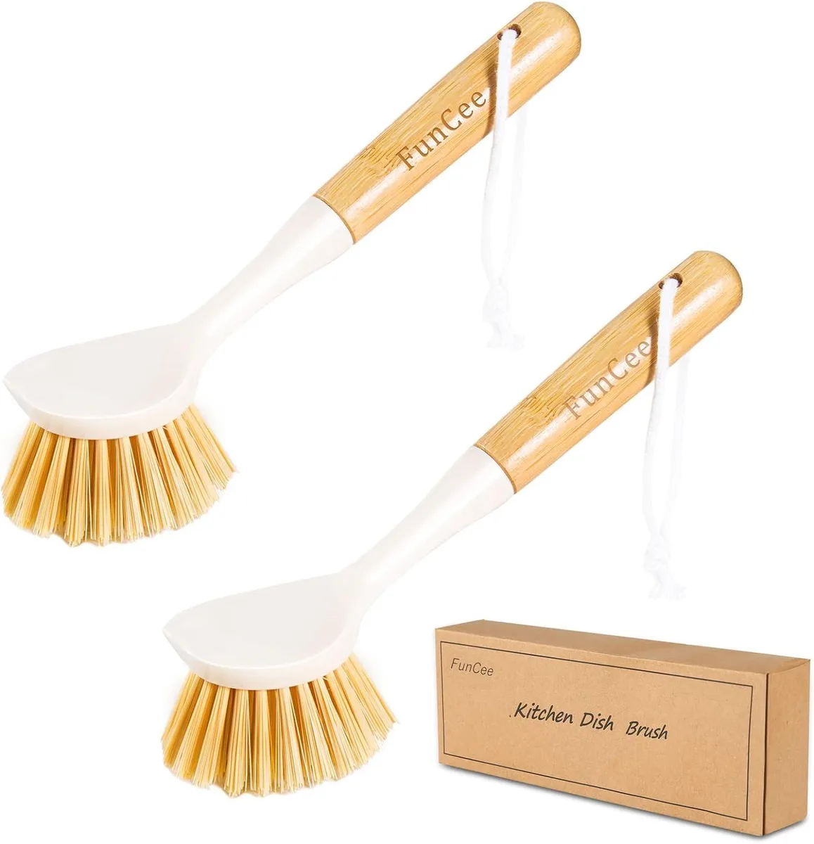 Two white kitchen brushes with bamboo handles and built-in scrapers