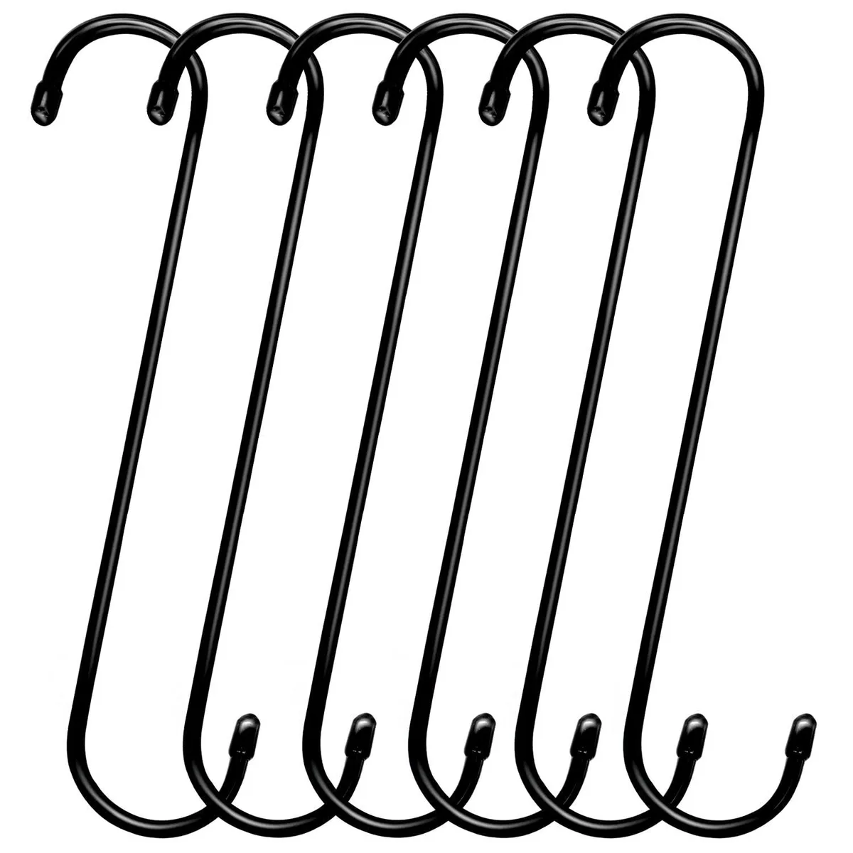 Six black S-hooks with rubber end caps, each 12 inches long
