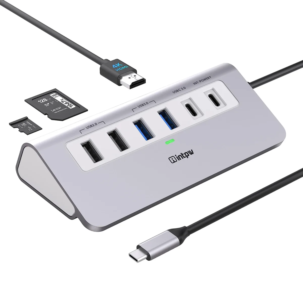 Silver aluminium 9-in-1 USB-C hub with short cable