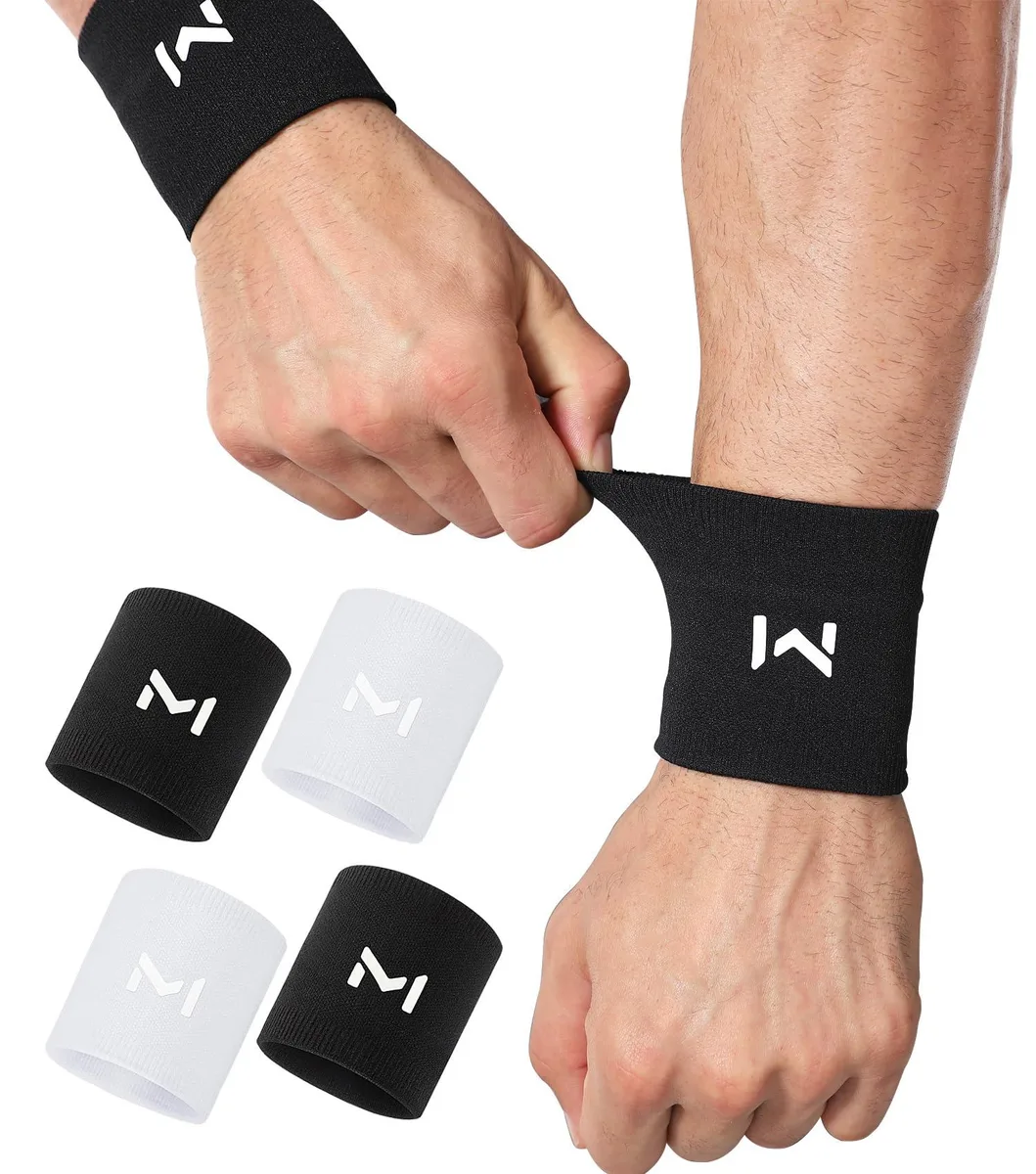 Two pairs of black and white elastic wrist compression sleeves, 6.3 to 8.3 inches