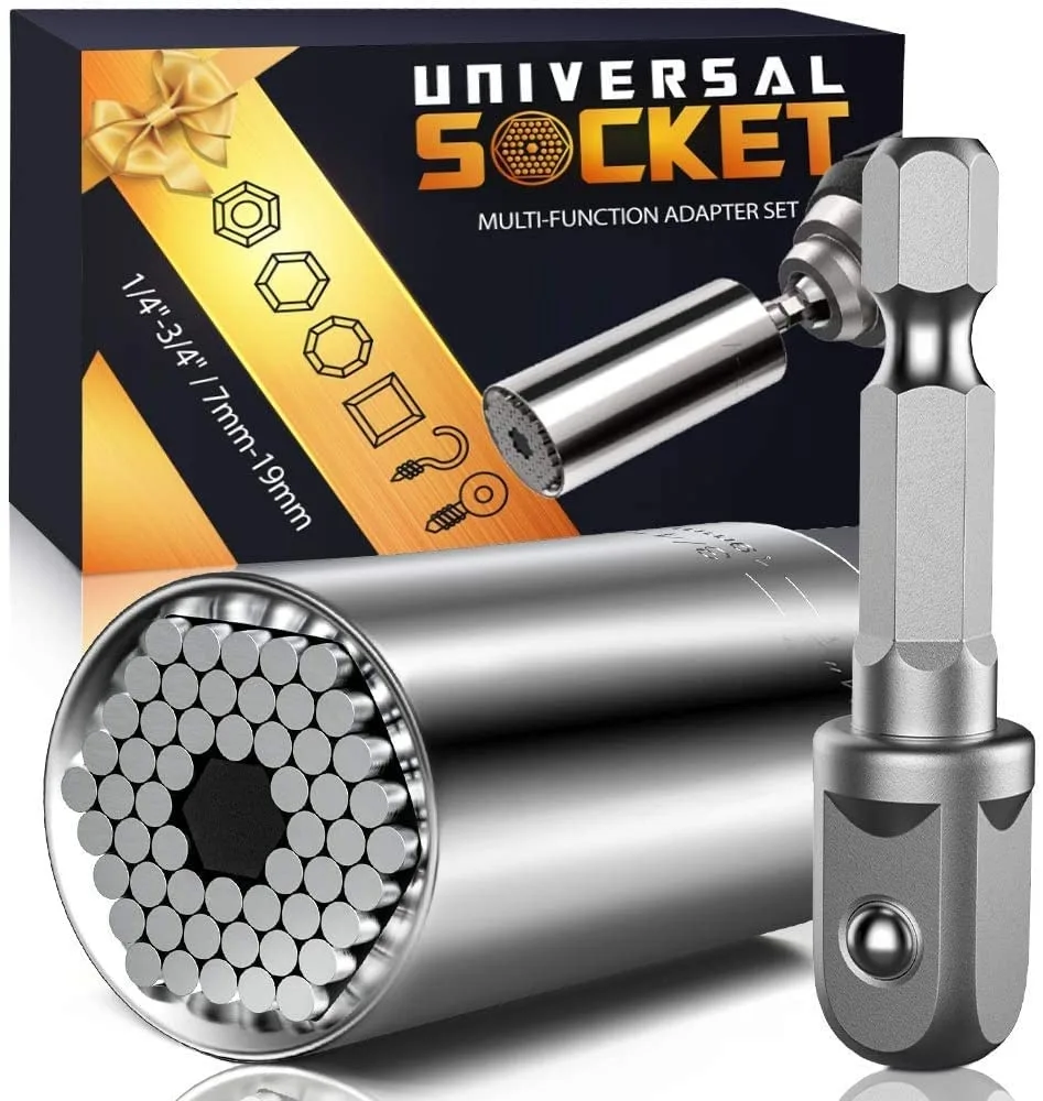Silver universal socket with drill adapter, 2.54 by 2.54 by 5.33 inches