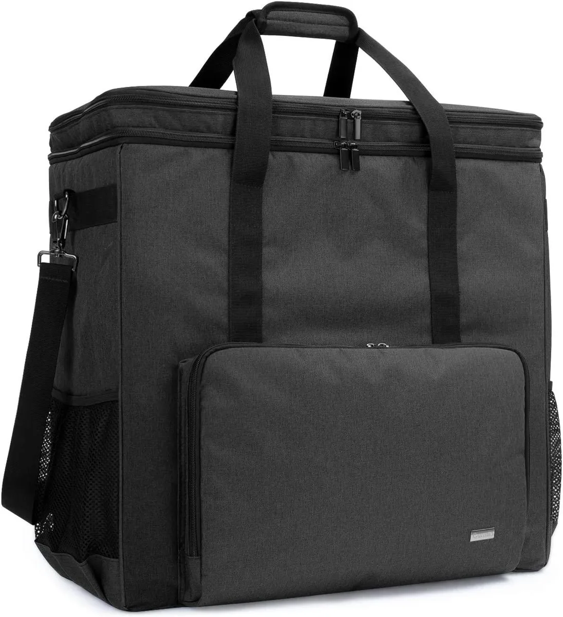 Black double-layer backpack for desktop tower, padded interior, multiple accessory pockets, reinforced handle and shoulder strap