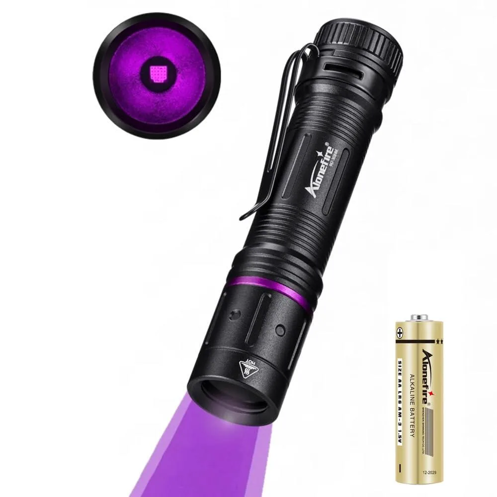 Black cylindrical UV flashlight with black filter lens and AA battery power