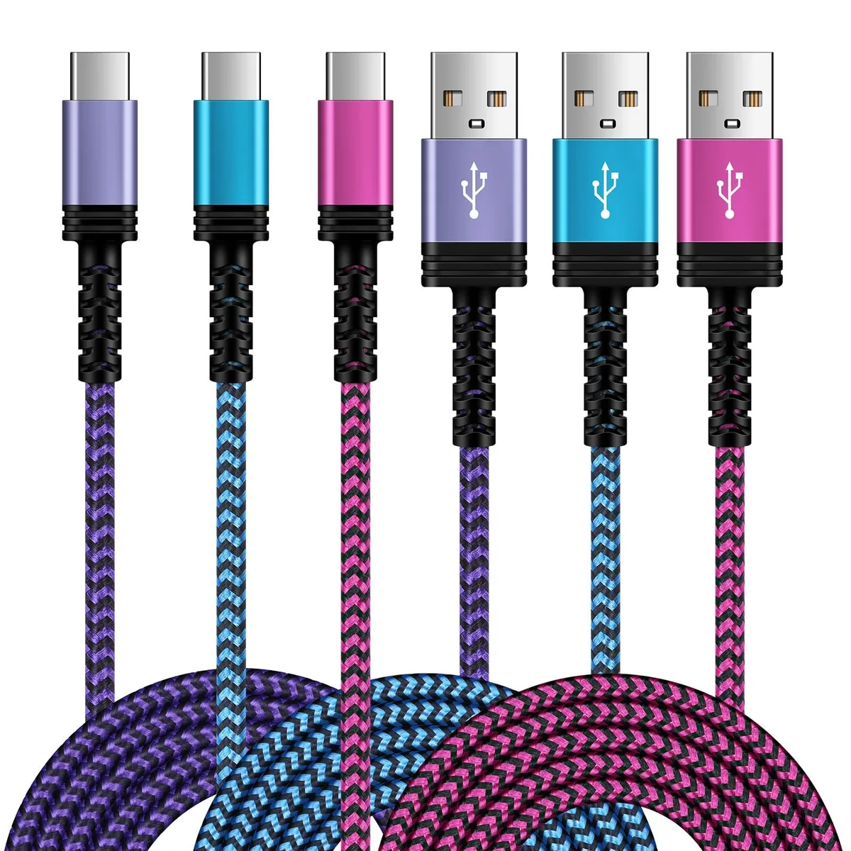  VIFIGEN USB-A to USB-C Cable 6 ft 3-Pack Purple Blue Rose Red — product photo