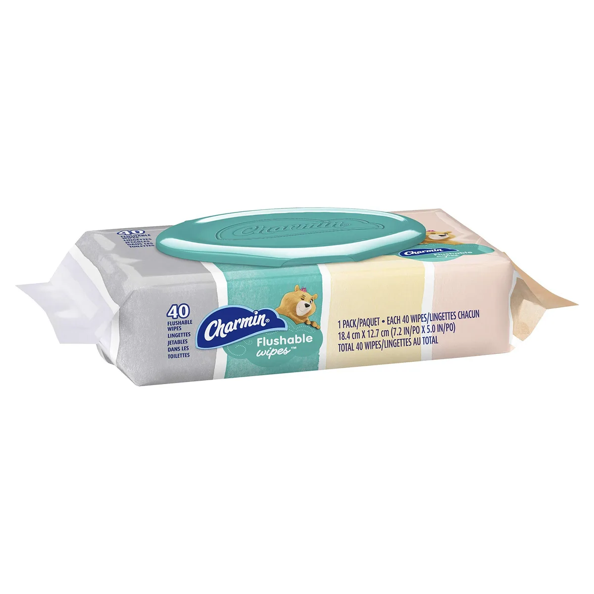 Rectangular soft pack of 40 flushable wipes with resealable flip-top lid