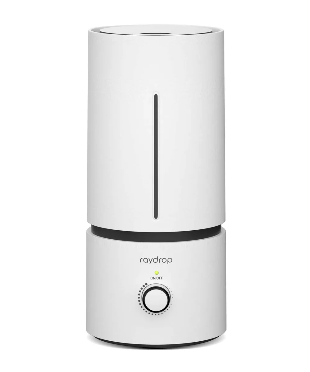 Compact white ultrasonic humidifier with 4.7 inch base and rotary dial