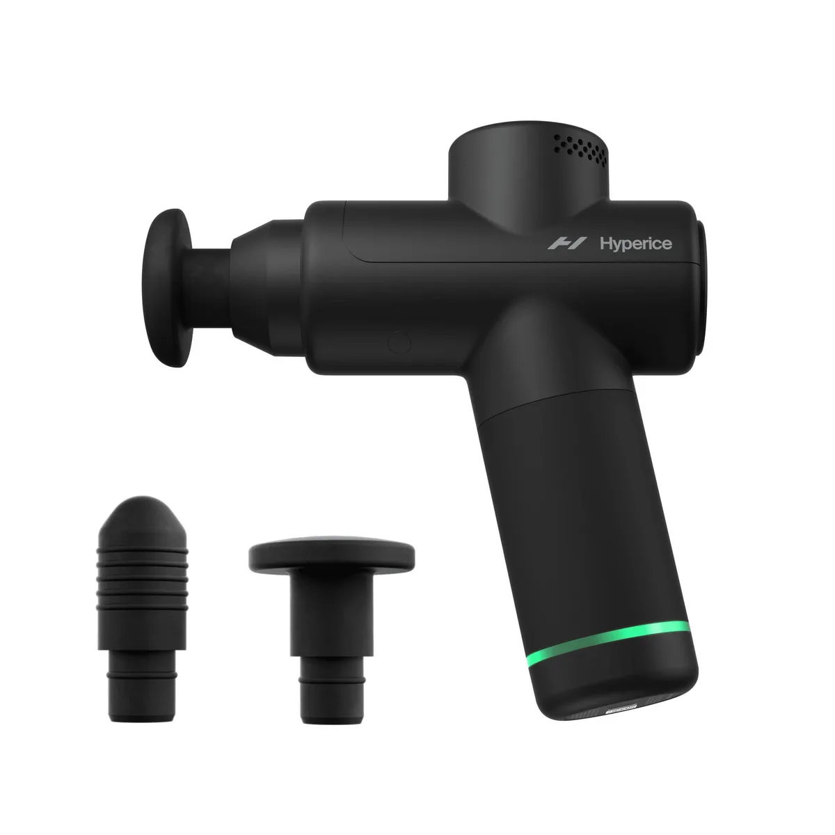 Black handheld percussion massager, compact polycarbonate body, lightweight form factor