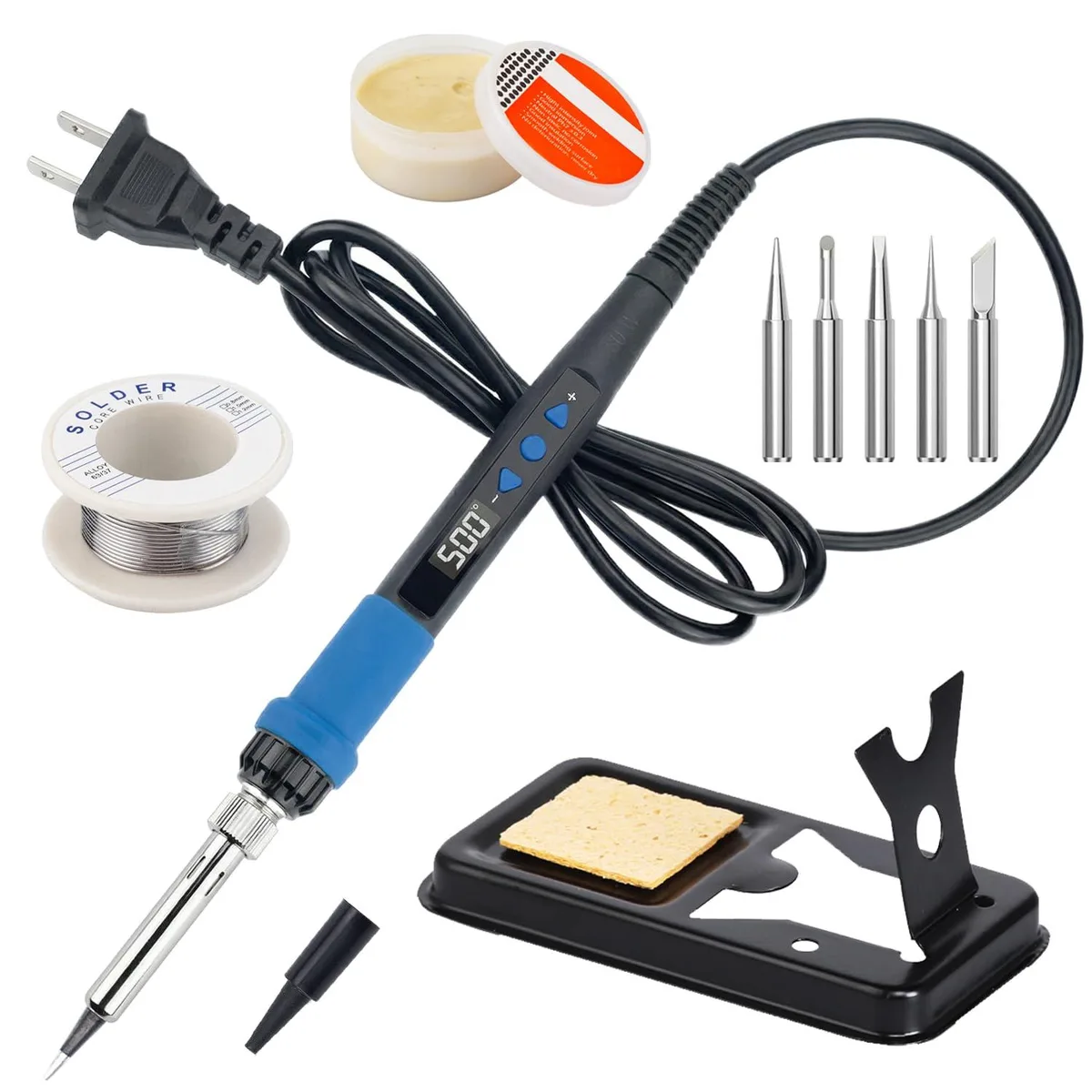 Blue 80W soldering gun with LED display, five tips, wire, stand and sponge