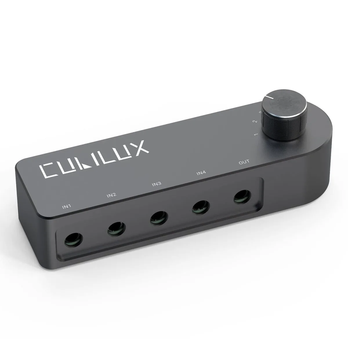 Small rectangular aluminum box with four 3.5mm ports and a rotary knob on top