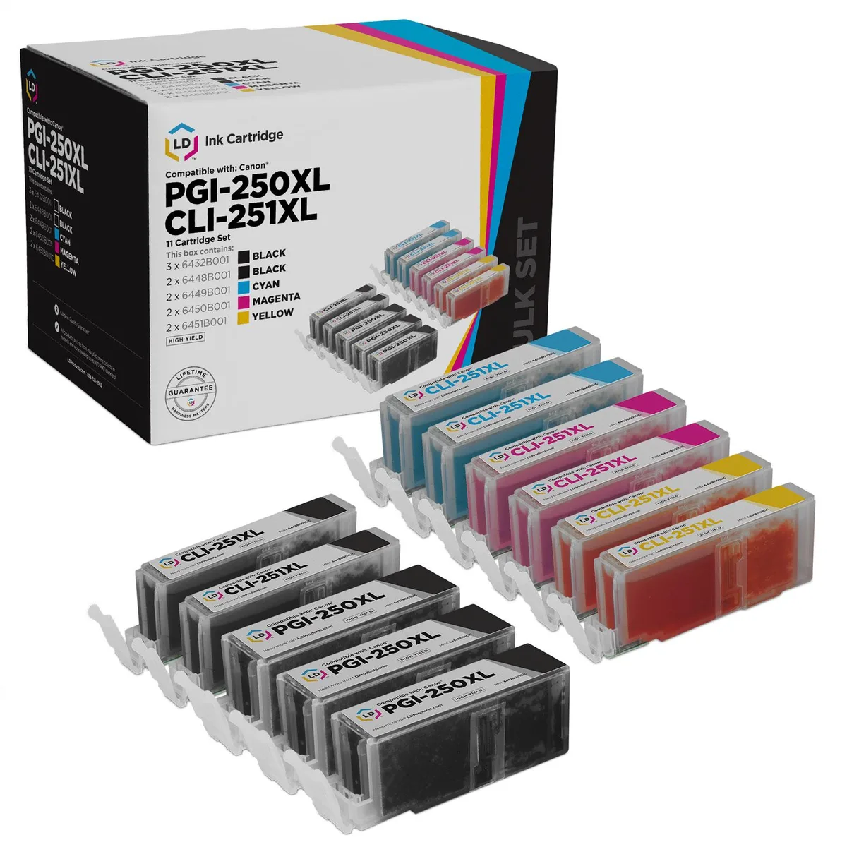 Eleven ink cartridges in a rectangular box, assorted colours