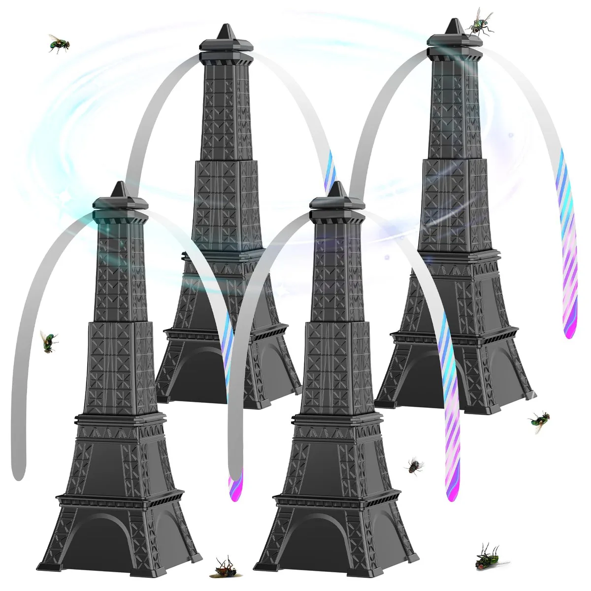 Four black battery-powered tabletop fans with holographic blades and hanging hooks