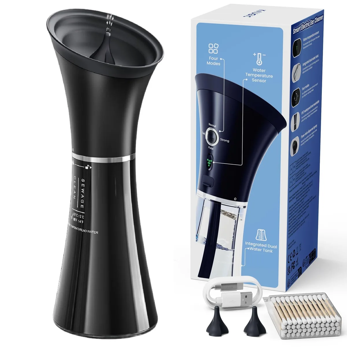 Black electric ear cleaner with integrated water tank and temperature indicator light