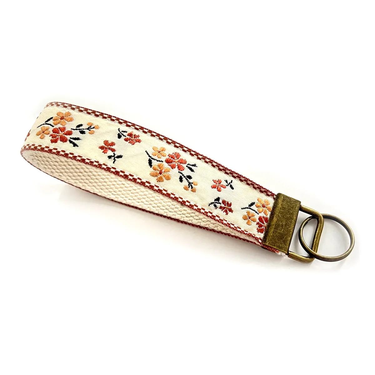  Floral Embroidered Fabric Wristlet Keychain, Vintage Style, Brass Hardware — product photo