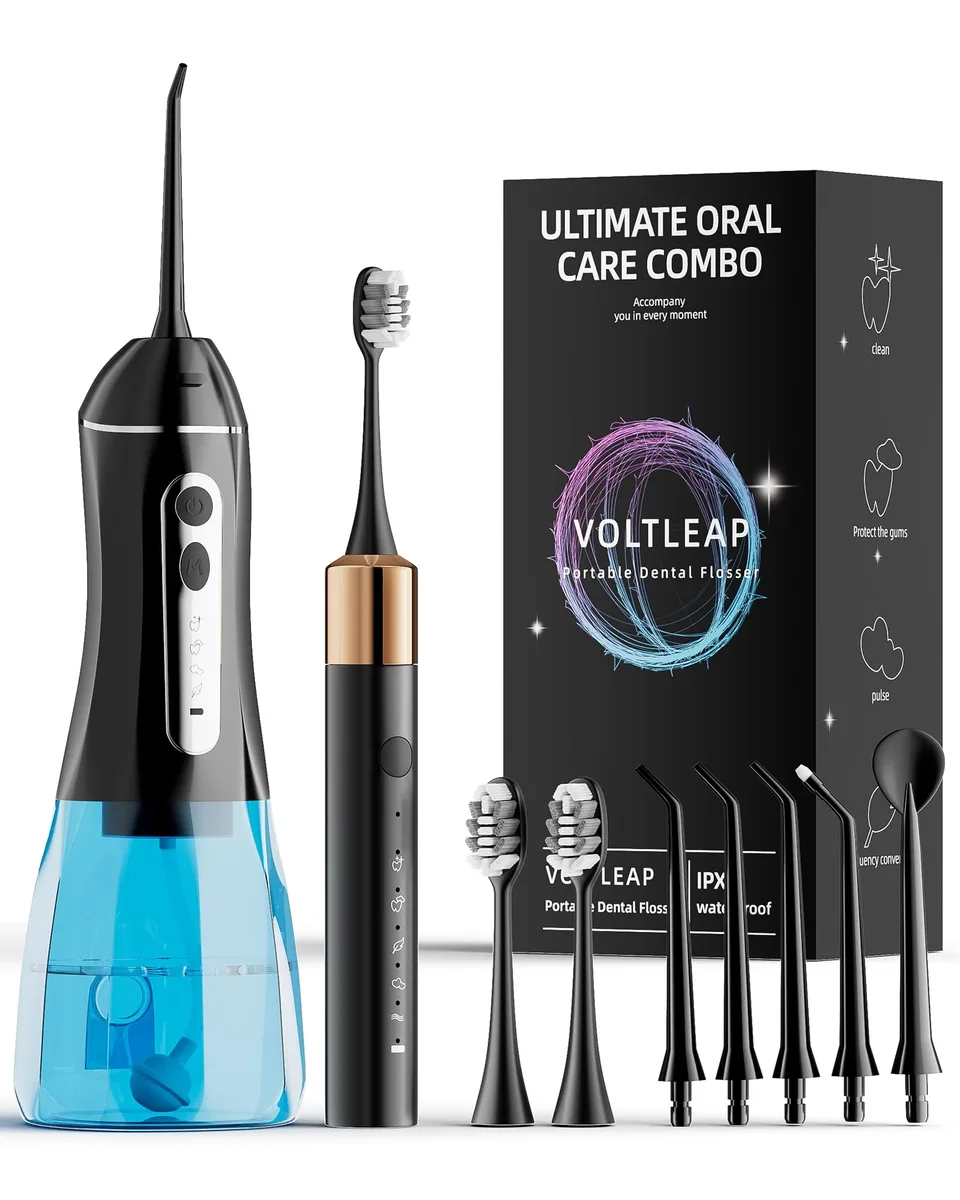 Black electric toothbrush and water flosser set with 320ml tank and multiple tips