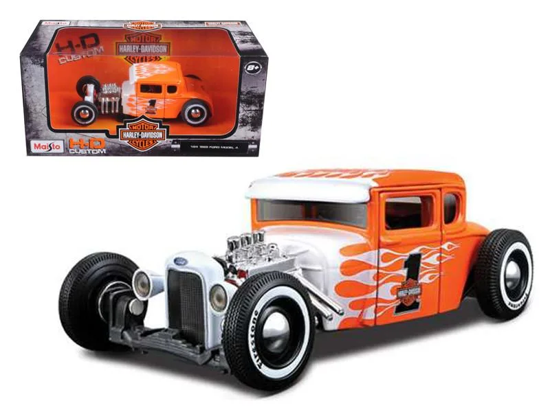 Maisto Maisto 1929 Ford Model A #1 Harley Davidson Orange White Flames 1/24 Diecast Vehicle — product photo