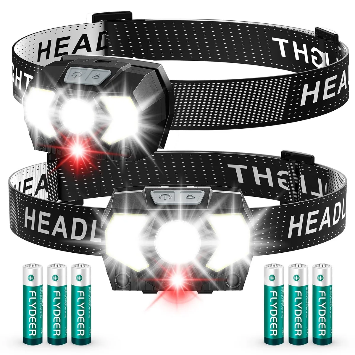 Two lightweight black headlamps with adjustable elastic straps and 45 degree tiltable heads