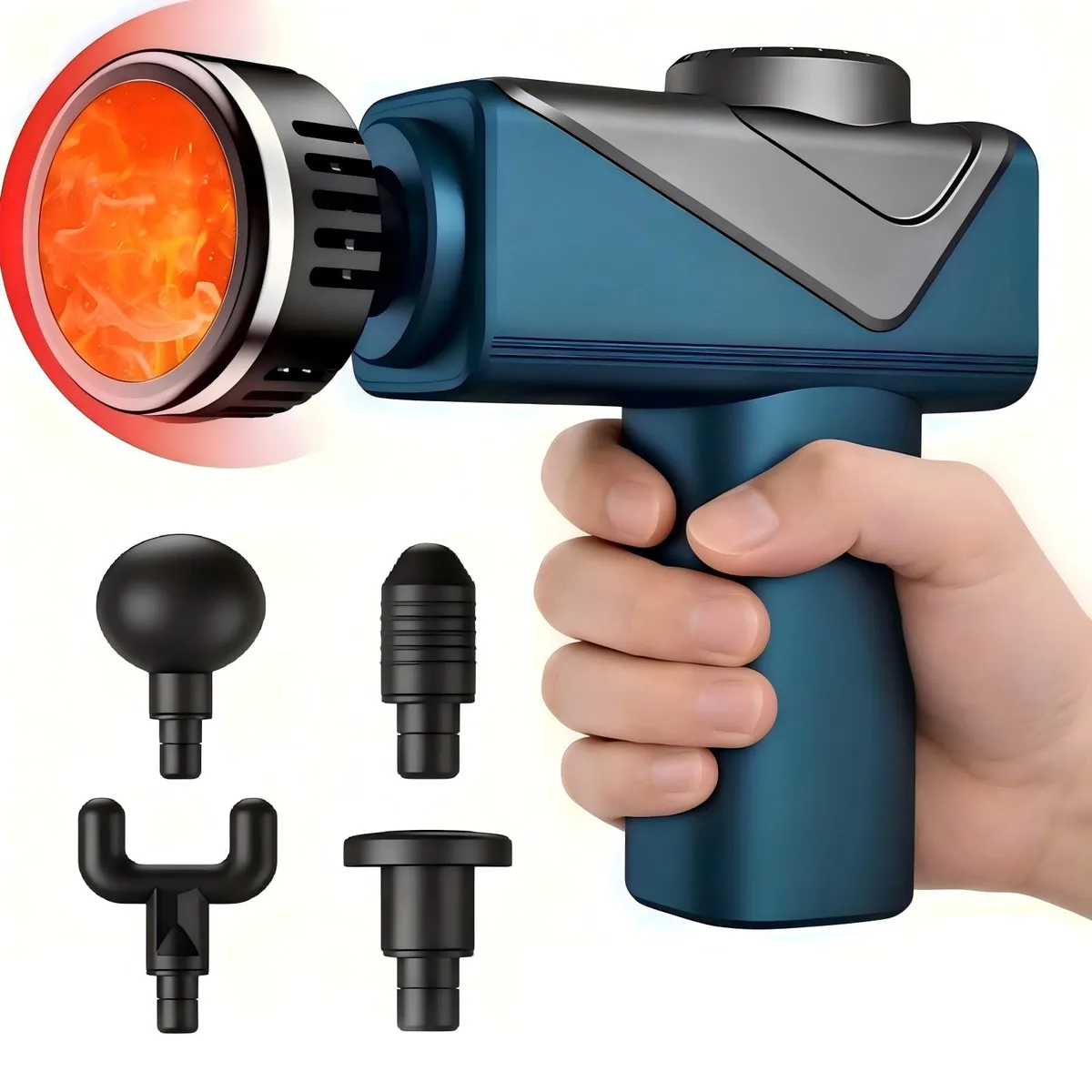 Blue handheld massage gun with heat function, compact rectangular shape, textured grip