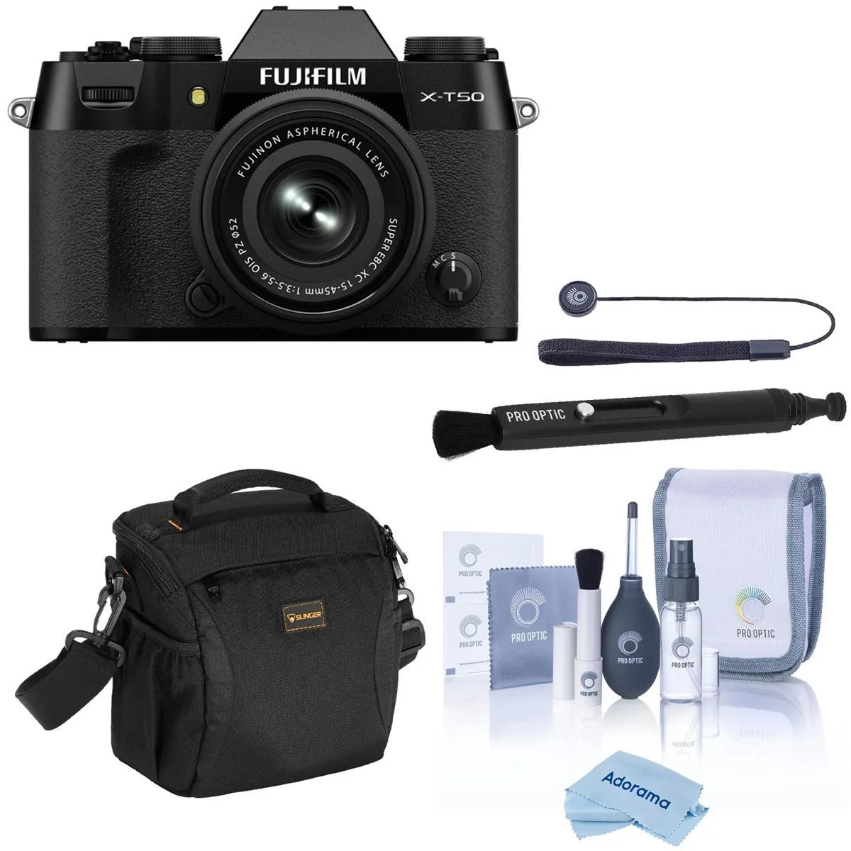FUJIFILM FUJIFILM X-T50 compact mirrorless camera with XC 15-45mm f/3.5-5.6 OIS PZ lens and Alpine 140 shoulder bag — product photo