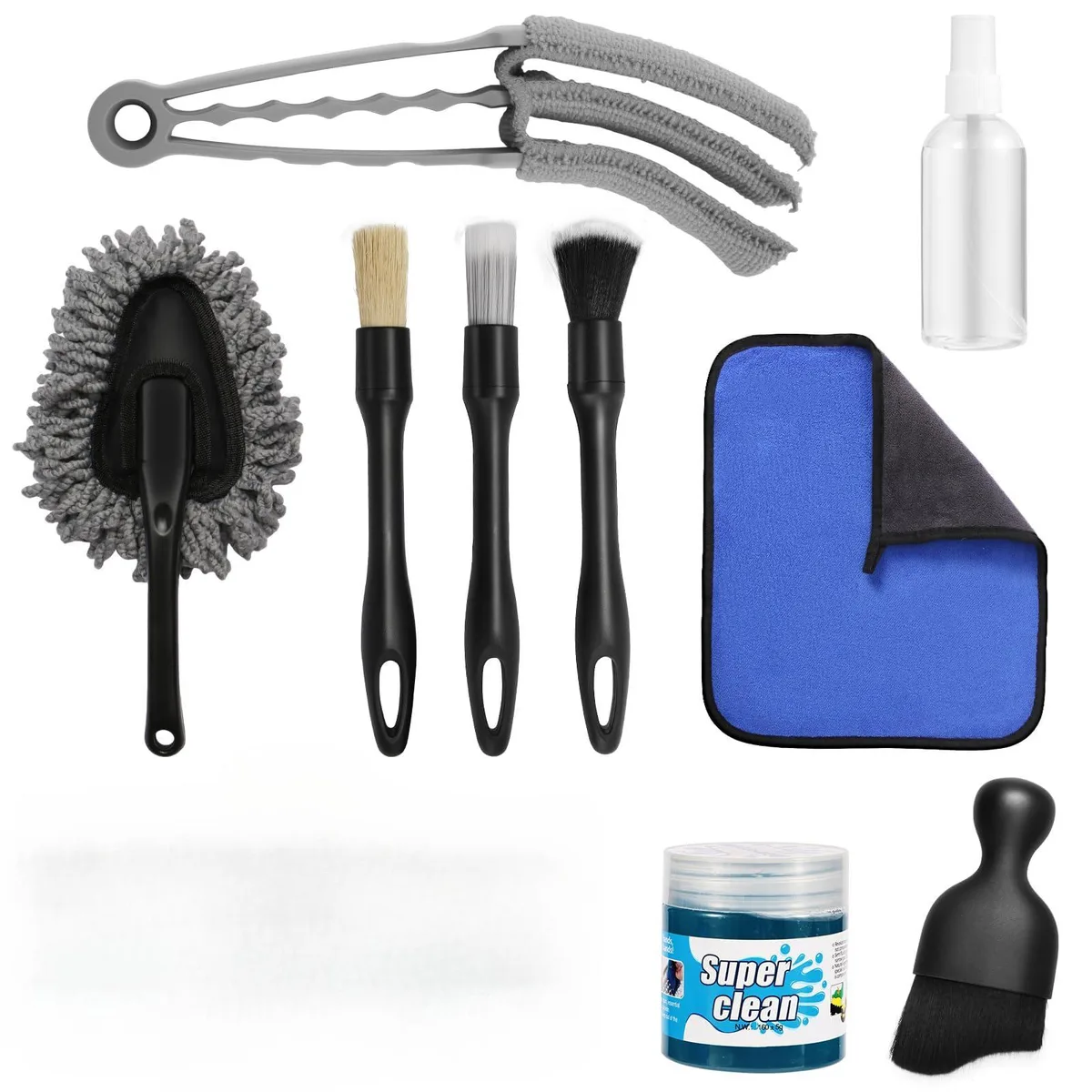 Ten-piece car interior cleaning kit with brushes gel and cloths