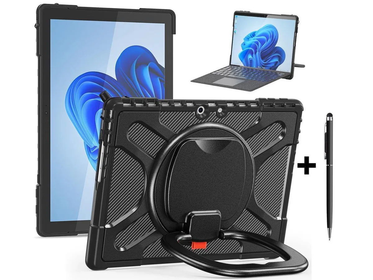 Black rugged protective case for Surface Pro 9 13 inch with rotating handle stand and stylus pen