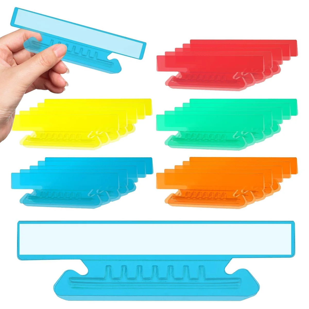 Clear plastic hanging file tabs in assorted colors with white inserts, 50 pieces