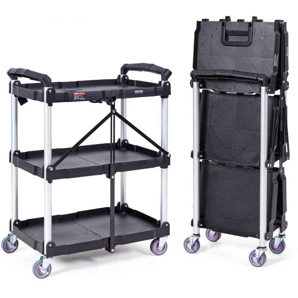 Light grey three-tier plastic utility cart with folding handle and four swivel casters, two braked, shown fully expanded