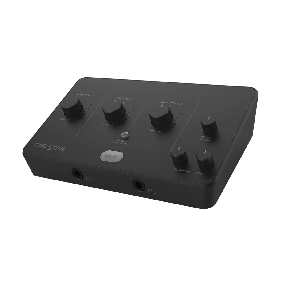 Black rectangular USB audio interface with XLR combo ports, headphone outputs and mixer controls