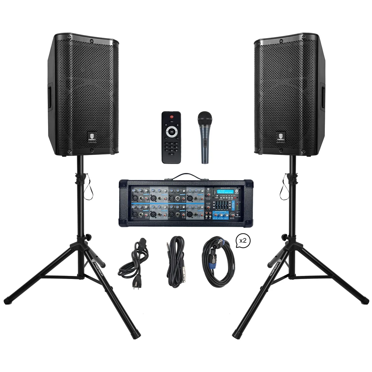 PRORECK PRORECK Delta 126 2000W Bluetooth PA speaker system with 6-channel mixer, 2×12″ passive speakers, stands — product photo