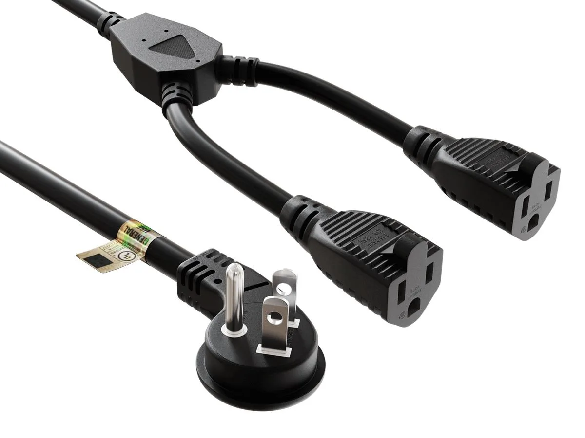 Cable Leader Cable Leader 14in NEMA 5-15P Low Profile Angled to 2x 5-15R Power Splitter Cord 14 AWG 15A 125V Black — product photo
