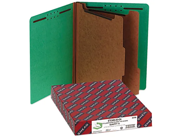 Green pressboard classification folder with six sections and two dividers, letter size, box of ten