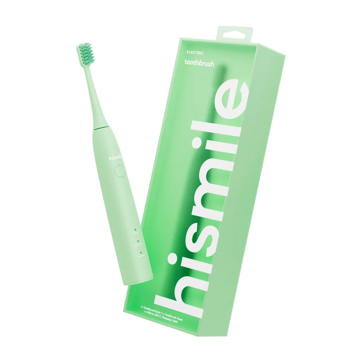 Green rechargeable sonic toothbrush with soft tapered bristles and USB-C charging