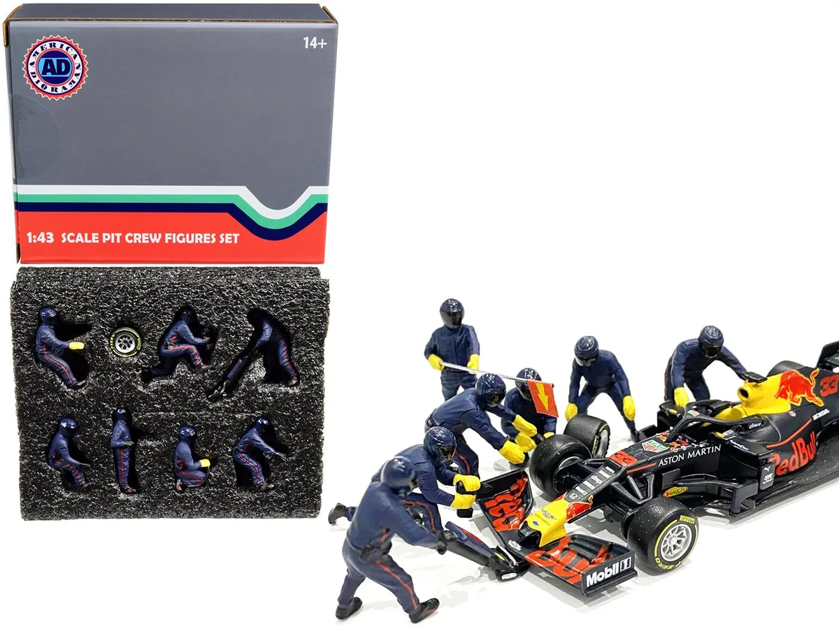 American Diorama American Diorama Formula One F1 Pit Crew 7 Figurine Set Team Blue 1/43 Scale — product photo