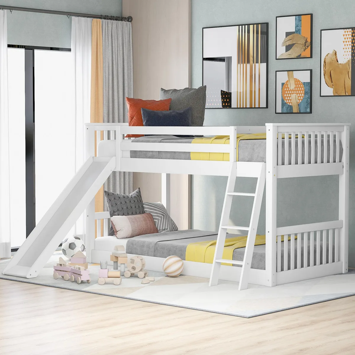 tuphen tuphen Twin over Twin Bunk Bed with Slide and Ladder White — product photo