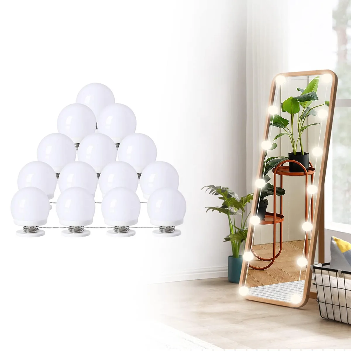 Fourteen round white bulbs on a USB cable, 2.3 inch diameter each