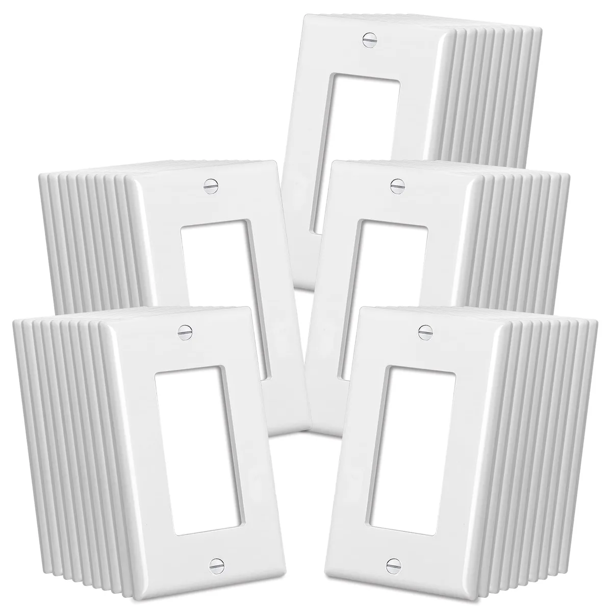 A stack of fifty rectangular gloss-white switch plates with matching screws