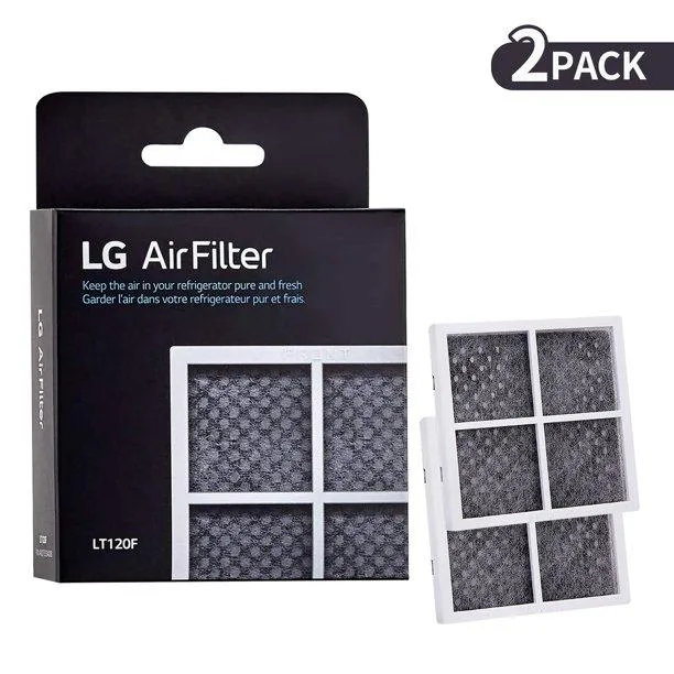 Two white rectangular refrigerator air filters in packaging
