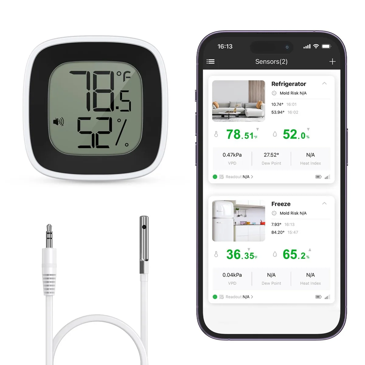  Bluetooth Refrigerator Thermometer White 1.5m Probe -40-65°C 0-99%RH — product photo