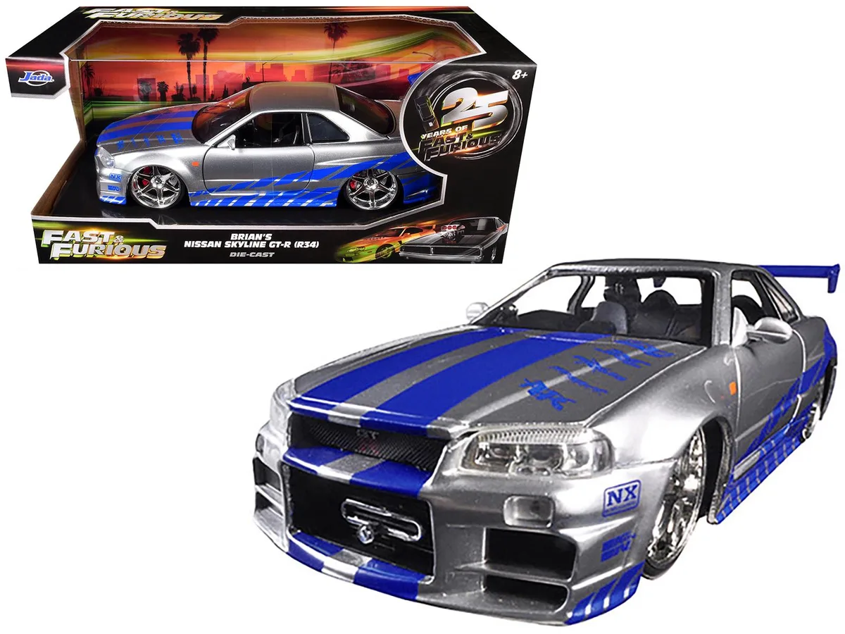 Jada Jada Brian's Nissan GTR Skyline R34 RHD Silver Blue Stripes Fast Furious 25th 1/24 Diecast — product photo