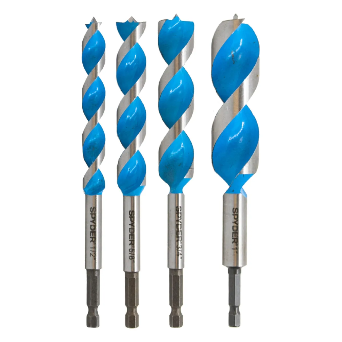 Four blue steel wood-boring bits in a set