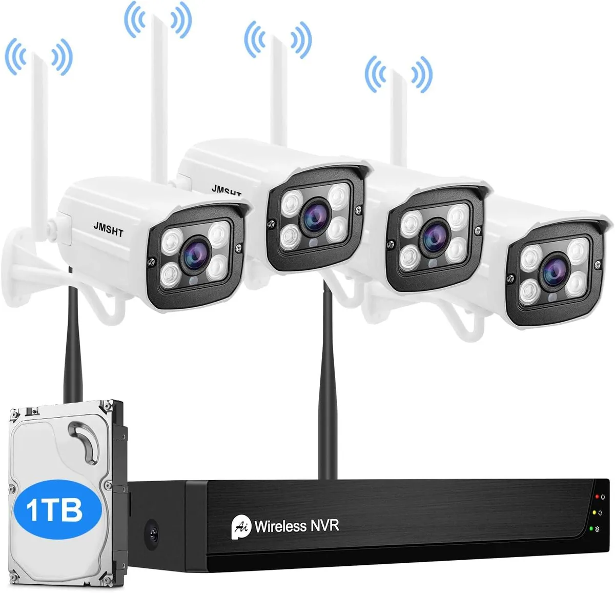 Four black bullet cameras and NVR unit with 1TB hard drive