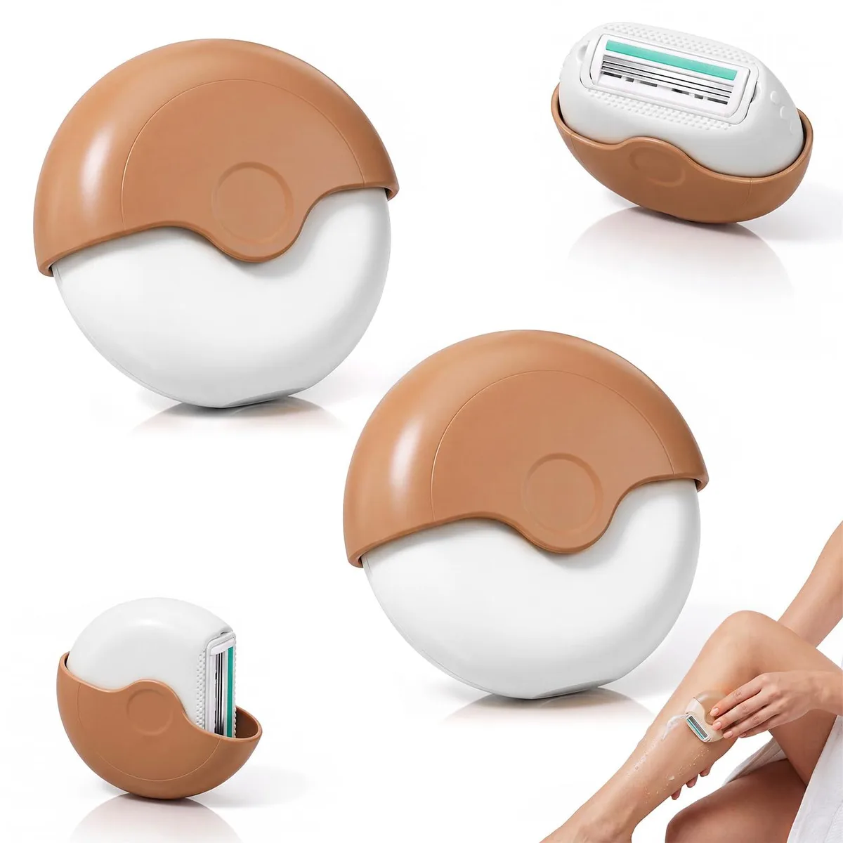 Two compact brown three-blade razors with rotating protective covers and moisture strips