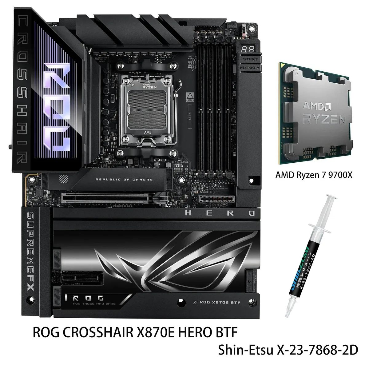 ASUS ASUS ROG CROSSHAIR X870E HERO BTF AMD motherboard &amp; Ryzen 7 9700X CPU combo — product photo