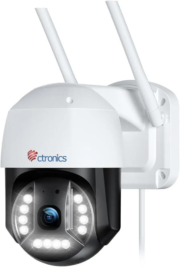 White outdoor PTZ security camera with spotlight array and antennae